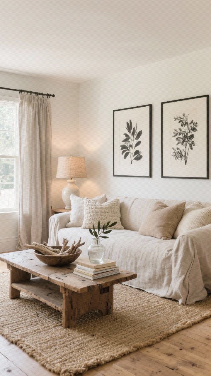 Wide room shot, Organic Linen Farmhouse living room: soft warm white (antique ivory with a touch of cream) walls, matte light oak knotty floors, a deep pale-oatmeal linen slipcovered sofa with oversized pillows in flax, mushroom, and soft putty (mix of nubby knits and washed linen). Low reclaimed-wood coffee table with rounded corners and visible grain on a flatweave jute rug in natural wheat tone. Unlined stone-colored linen panels slightly puddled at windows. Two oversized black-and-white botanical prints in thin black metal frames on the wall. Ceramic lamp in chalky cream with a natural burlap shade glowing at dusk. Styling details: rustic bowl filled with driftwood, stack of pale art books, single olive branch in a clear glass jug. Palette of bone, sand, taupe, warm wood; calm, sun-washed, breezy mood; coastal-farmhouse without nautical motifs; photorealistic, straight-on view.