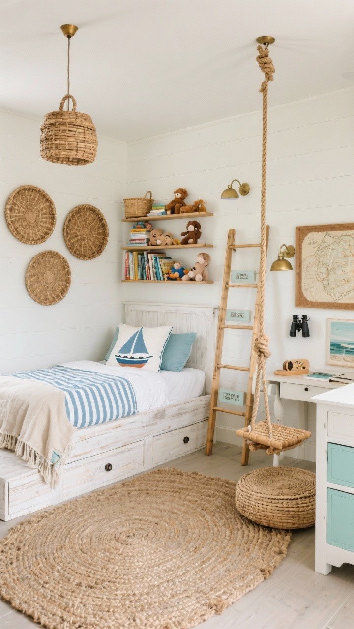 Wide room shot, photorealistic: A Coastal Scout Cabin kids’ bedroom in driftwood beige, soft seafoam, and crisp white. Pale walls, a whitewashed wood platform bed with deep storage drawers, striped cotton duvet in ocean blue and white, linen throw, and a sailboat-patterned pillow. Above the bed hangs a trio of woven baskets as wall art. Opposite wall: a low rattan bookcase with bedtime reads and plush toys, plus a wicker toy trunk. Chunky jute rug underfoot adds texture. Narrow ladder desk in the corner with clip-on brushed brass reading sconces. Rope-wrapped pendant casts warm coastal light. Mini explorer station with a bamboo-framed cork map and a small binocular hook. Rope swing seat in a corner reading nook with a round floor cushion and coastal art. Closet area with labeled seagrass baskets and a two-tone dresser (half white, half pale aqua). Airy, organized, breezy beach-camp vibe, shot from a corner angle.