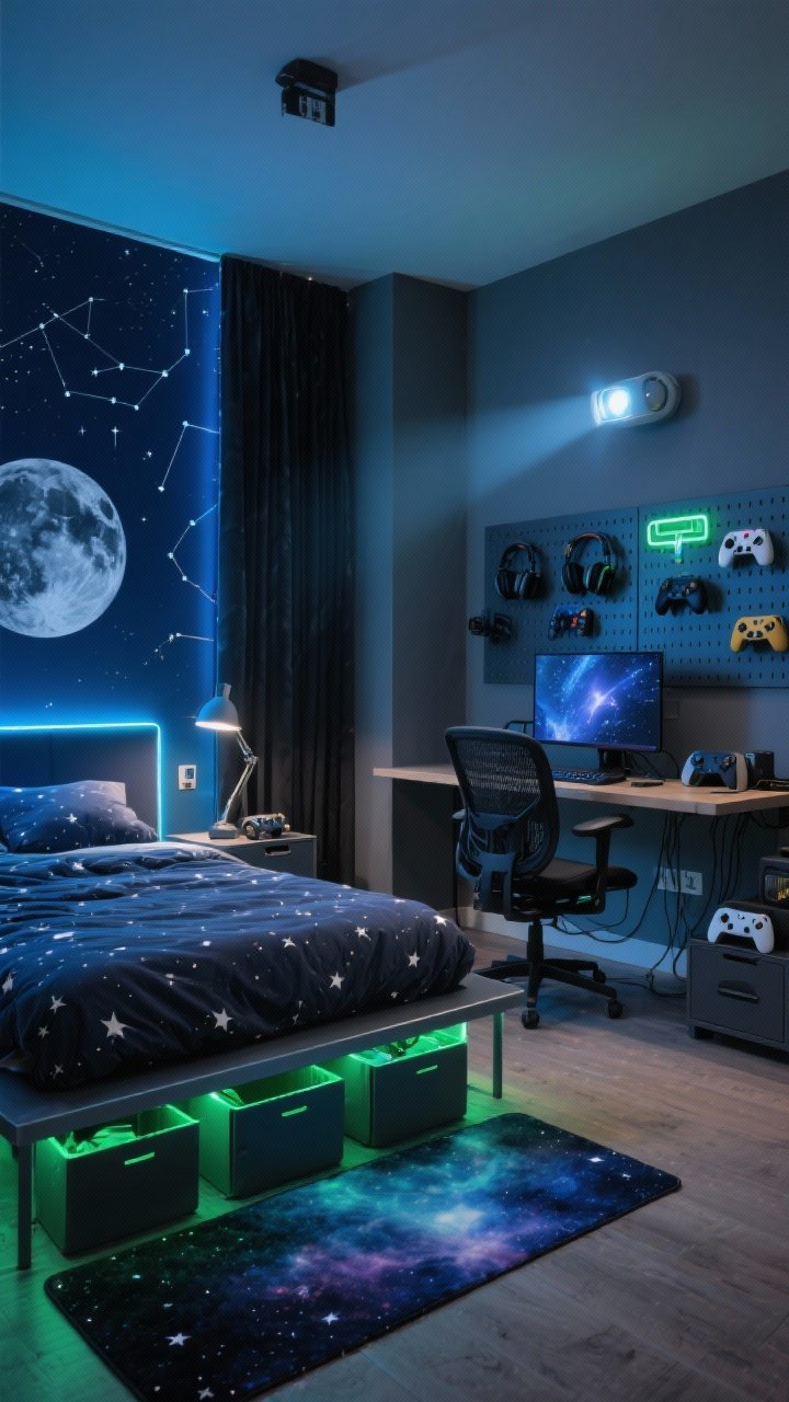 Wide room shot, photorealistic, moody lighting: Galaxy Gamer Retreat with a deep navy accent wall behind a slim metal platform bed; remaining walls in charcoal and midnight tones. Removable constellation decals and a giant moon print. Bed has under-bed bins highlighted by subtle LED strips; star-splattered duvet, dark blackout curtains, and a soft nebula rug. Opposite wall: floating desk with cable grommets, wall-mounted monitor, ergonomic black mesh chair, and a pegboard wall organized with headphones, controllers, and neon clips. Low media cabinet for consoles and controllers. Galaxy projector casting faint starry glow; dimmable RGB strip behind the headboard and a task lamp at the desk. Color accents limited to electric blue and neon green for a crisp gaming aesthetic. Corner angle to capture both bed and gaming station.