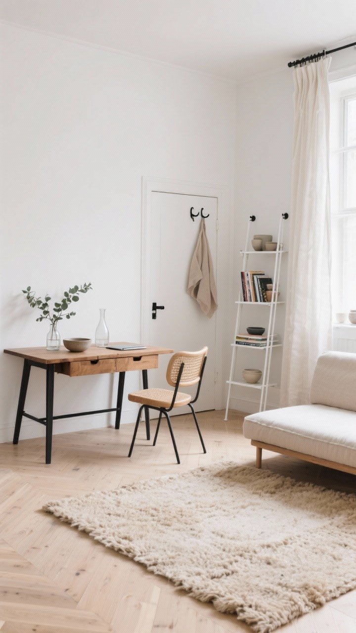 Wide room shot, Scandinavian studio nook in calm minimalism: soft white walls, pale oak floors, linen curtains filtering daylight, a chunky wool rug, and matte black accents. Focus on a wall-mounted natural oak drop-leaf table folded up as a two-person dining/laptop station, styled with stoneware bowls, a glass carafe, and a small eucalyptus bundle. Include lightweight folding wishbone chairs with paper cord seats—one in use, the other hanging on decorative wall pegs. Show a wheat-colored linen-blend foldable futon with clean lines and low profile, and a slim white-metal folding ladder shelf with cookbooks and ceramics that can tuck behind the door. Warm, whisper-light palette of sand, cloud white, and oat with black hardware; breezy, photorealistic, straight-on perspective.
