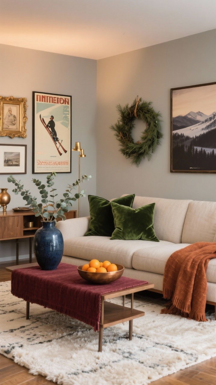Wide shot: A living room curated in a warm winter palette—60% warm neutrals (oatmeal sofa, greige walls, cream rug), 30% deep accents (forest green velvet pillows, a rust throw, midnight blue ceramic vase), 10% metallics (antique brass picture frames, bronze bowl); seasonal art on the wall (vintage ski poster and a moody landscape in darker frames); a runner on the console in a burgundy tone; natural elements like a cedar wreath, eucalyptus stems in a vase, and a bowl of oranges; soft, warm lighting around 2700K; photorealistic, straight-on composition, no people.