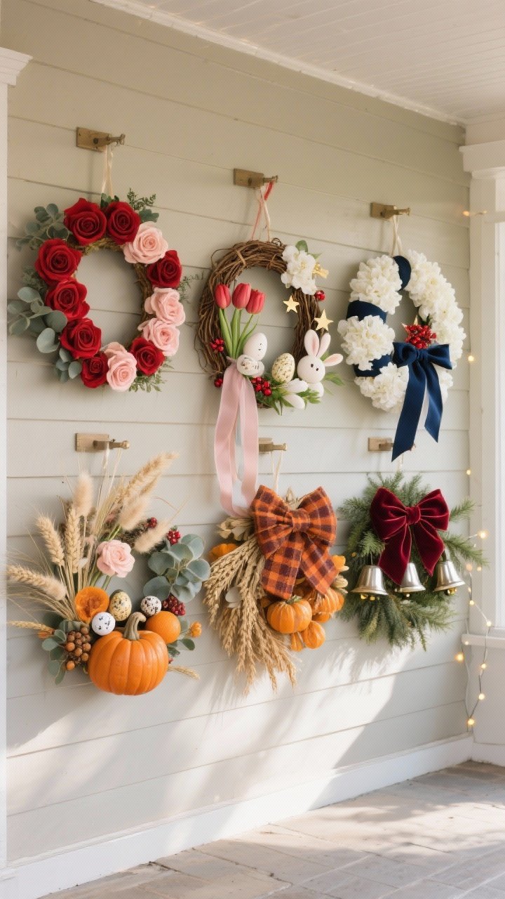 Wide shot, front porch ensemble showcasing five bold statement wreaths displayed on a neutral wall-mounted rack, each dedicated to a “Big Five” holiday, evenly spaced and well-lit with soft daylight. From left to right: Valentine’s Day—crescent-clustered red and blush faux roses with eucalyptus and a long trailing velvet ribbon; Easter/Spring—airy grapevine base with tulips, ranunculus, bunny tail grass, speckled eggs, pastel ribbon, stems extending past the circle; Summer/Patriotic—crisp design alternating white hydrangea, navy ribbon loops, red berry picks, star accents, clean symmetry; Fall/Harvest—warm layers of wheat, dried oranges, eucalyptus pods, velvet pumpkins, plaid bow in rust/ochre/burgundy; Winter Holidays—cedar and juniper with silver-gold bells, a single statement satin/velvet bow, and subtle battery fairy lights. Neutral siding background to make colors pop; no flags, chic and polished.