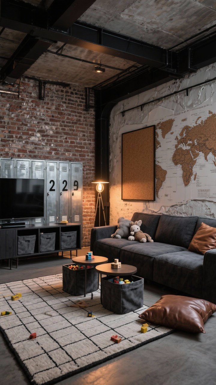 Wide shot, Industrial Loft Game Den: Exposed brick wallpaper backdrop with matte-black metal frames and a chunky charcoal sectional in performance fabric; floor rug with a graph paper grid pattern for play; a row of galvanized metal lockers labeled with bold number stencils; a black wood credenza with sliding doors under the TV, with boxy charcoal fabric bins blending in; nesting side tables with hidden compartments; Edison bulb floor lamp casting warm industrial glow; oversized cork map on the wall and leather floor cushions; extra-large canvas hampers by the sofa (one for soft toys, one for blocks); evening ambient lighting with warm highlights, urban cool mood, photorealistic.