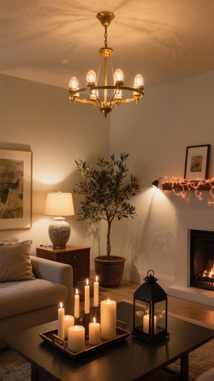 Wide shot of a living room lit like a movie set: overhead chandelier dimmed via warm 2700K bulbs, a brass reading lamp casting a pool of light by the sofa, a ceramic table lamp glowing on a sideboard, picture light illuminating framed art, and a tiny spotlight highlighting a potted olive tree for drama. Multiple candles in staggered pillar heights gathered on a tray, black metal lantern on the hearth, subtle copper-wire string lights draped along a shelf. Overall warm white (below 3000K), golden ambiance, moody yet inviting, viewed from a corner angle to capture layered lighting.