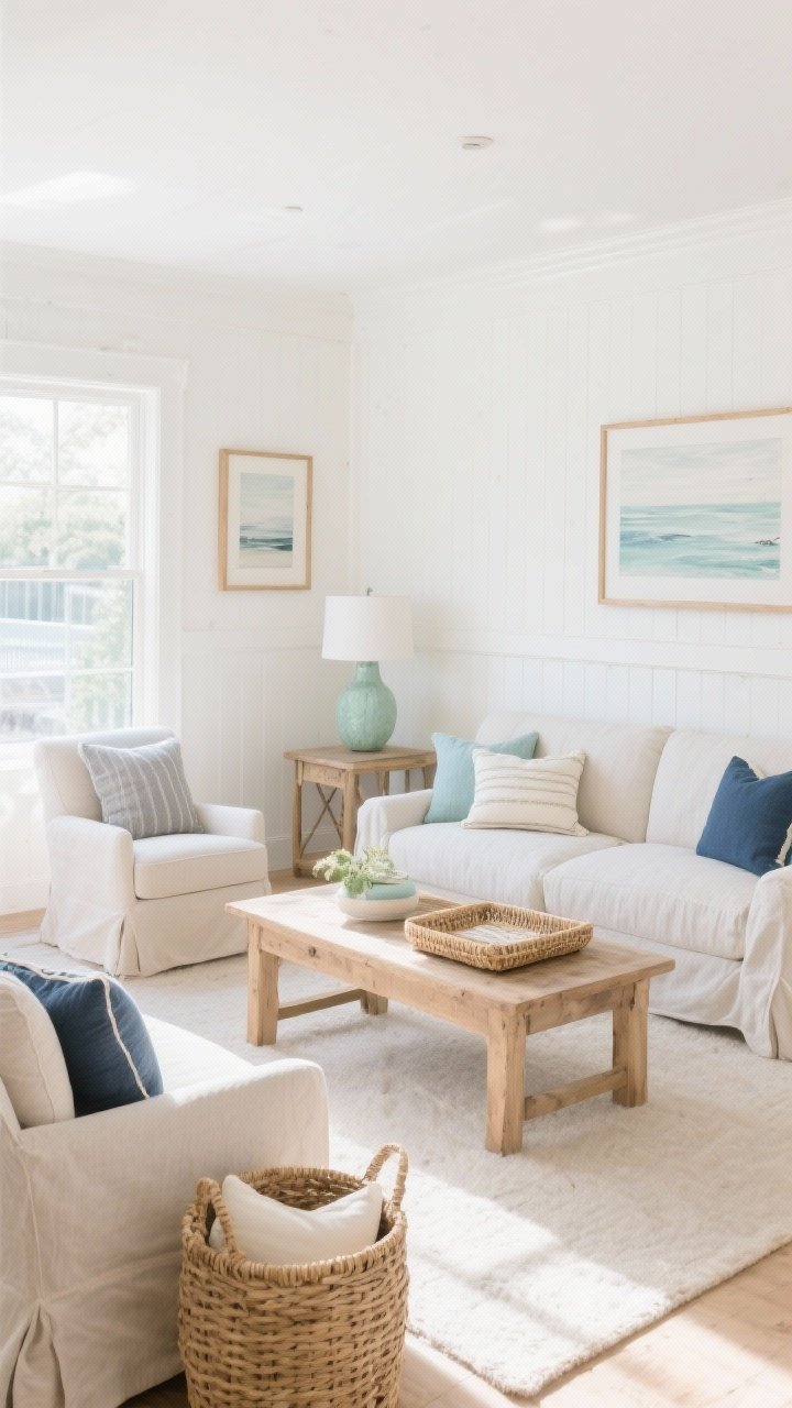 Wide shot, straight-on view of a living room designed to “Build Your Beachy Color Story”: creamy white walls and pale beige trim, large linen slipcovered sofa in oatmeal, light neutral armchairs, natural wood coffee table; accents in sun-faded blues, sea-glass greens, misty grays; soft whites and sandy beiges throughout; rattan basket and chalky navy throw pillow paired with cream and rattan accent; natural wood elements; airy, bright daylight flooding the room; overall palette options subtly visible as decor groupings: Warm Sand + Soft White + Sea-Glass Green vignette on one side table, Mist Gray + Powder Blue + Natural Wood in artwork and frames, Chalky Navy + Cream + Rattan in pillows and tray; mood is light, airy, and relaxed, no people, photorealistic.