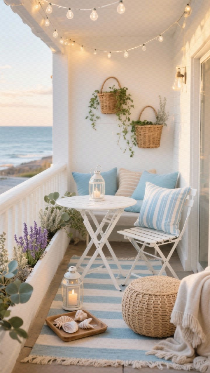 Wide shot, straight-on view of a small “Coastal Calm Nook” balcony at golden hour: crisp white metal bistro table with slatted folding chairs topped with light blue linen cushions, a beachy striped outdoor rug in soft blues and ivory, round jute pouf, woven tray with seashells in a glass hurricane on the table, striped lumbar pillows in sky blue and sandy beige. Along the railing, narrow ledge planters packed with lavender, eucalyptus, and dusty miller; on a side wall, rattan wall baskets with trailing ivy. Warm white string lights draped high overhead and a small lantern with an LED candle on the floor; neutral throw blanket tucked in a woven basket. Color palette: white, soft sky blue, sandy beige, hints of seafoam. Photorealistic, airy, sun-washed coastal mood.