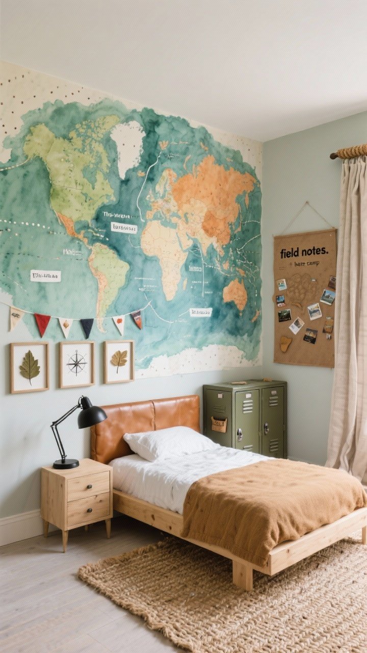 Wide shot, straight-on view of “The Adventure Map Explorer’s Den”: a kid’s bedroom with one full wall covered by a dreamy, hand-painted watercolor world map mural in sage green, slate blue, warm ochre, dusty teal, and cream, with painterly continent shapes, dotted travel lines, and white paint-pen labels; mini felt flags pinned at favorite spots. Below the mural: a low natural wood platform bed with a camel-colored faux leather headboard, a woven jute rug underfoot, and a black metal reading lamp on a simple nightstand. Add vintage-style olive metal lockers for storage and a canvas wall pocket labeled “field notes.” Include a rope-wrapped curtain rod with linen blackout panels, and three shadowbox frames over a dresser holding pressed leaves and mini compass art. A large cork world map on a side wall with pinned postcards. Soft daylight for a calm, intentional “base camp” mood; photorealistic textures of jute, leather, and matte paint.
