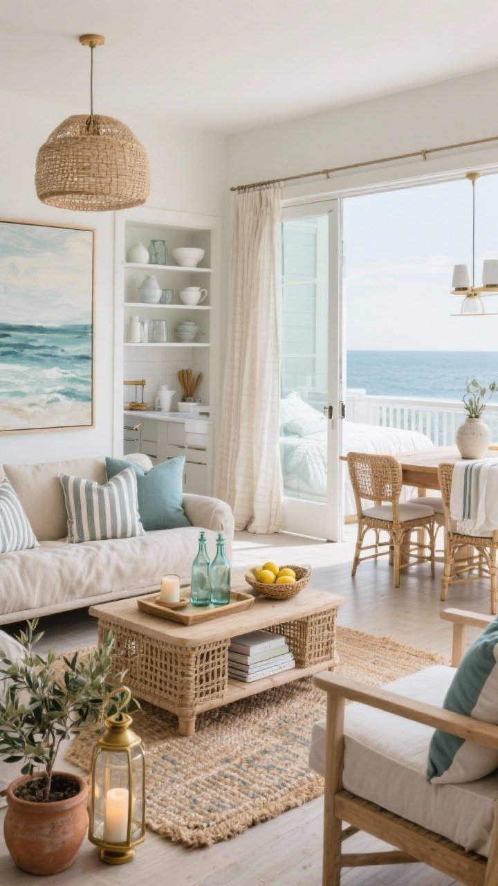 Wide, slightly elevated corner angle showcasing a breezy, lived-in coastal home: open-concept areas stitched together - Living Room: oatmeal slipcovered sofa with 3–5 pillows in stripes and linen, light wood woven coffee table with tray, books, candle, and one organic accent; large abstract seascape over the sofa; jute rug layered with a smaller patterned wool/cotton rug. - Dining Area: light wood farm table, mix of caned chairs and slipcovered Parsons at the ends, woven pendant overhead, centerpiece of sea-glass bottles with a few stems. - Kitchen glimpse: open shelves with white ceramics, clear glass, and a pop of teal/sea-glass pieces; striped tea towels, jute runner, rattan utensil holder; soft brass hardware; bowl of lemons. - Bedroom doorway view: linen duvet, crisp white sheets, lightweight quilt, blue-gray pillows, sheer flax curtains. - Bathroom peek: plush white towels rolled in a woven basket, ceramic soap pump, subtle striped shower curtain. - Outdoor balcony through glass: teak seating, striped outdoor pillows, jute-look rug, olive tree in a clay planter, hurricane lanterns. Lighting is bright, natural daylight with a calm, coastal mood; surfaces edited, negative space present; photorealistic, no people.