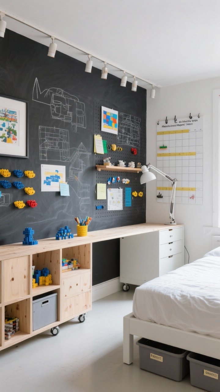 Wide, straight-on “Maker’s Studio With Magnetic Art Wall”: a deep graphite magnetic gallery wall coated with chalkboard paint, covered with colorful drawings, Lego blueprints, and notes held by bright ceramic magnets; faint chalk sketches visible. A slim wooden picture ledge beneath displaying small 3D creations. Opposite elements in light tones: a birch modular desk system, pegboard storage with color-coded hooks, flat-front cabinets on casters, and a simple white bed frame with labeled under-bed bins. On an adjacent wall, a crisp grid of washi tape forming a dry-erase calendar. Above the bed, a row of clip-on task lights for focused illumination; overall balanced, studio-like atmosphere with pops of cobalt and citrus yellow; photorealistic materials of birch, matte graphite, and glossy magnets.