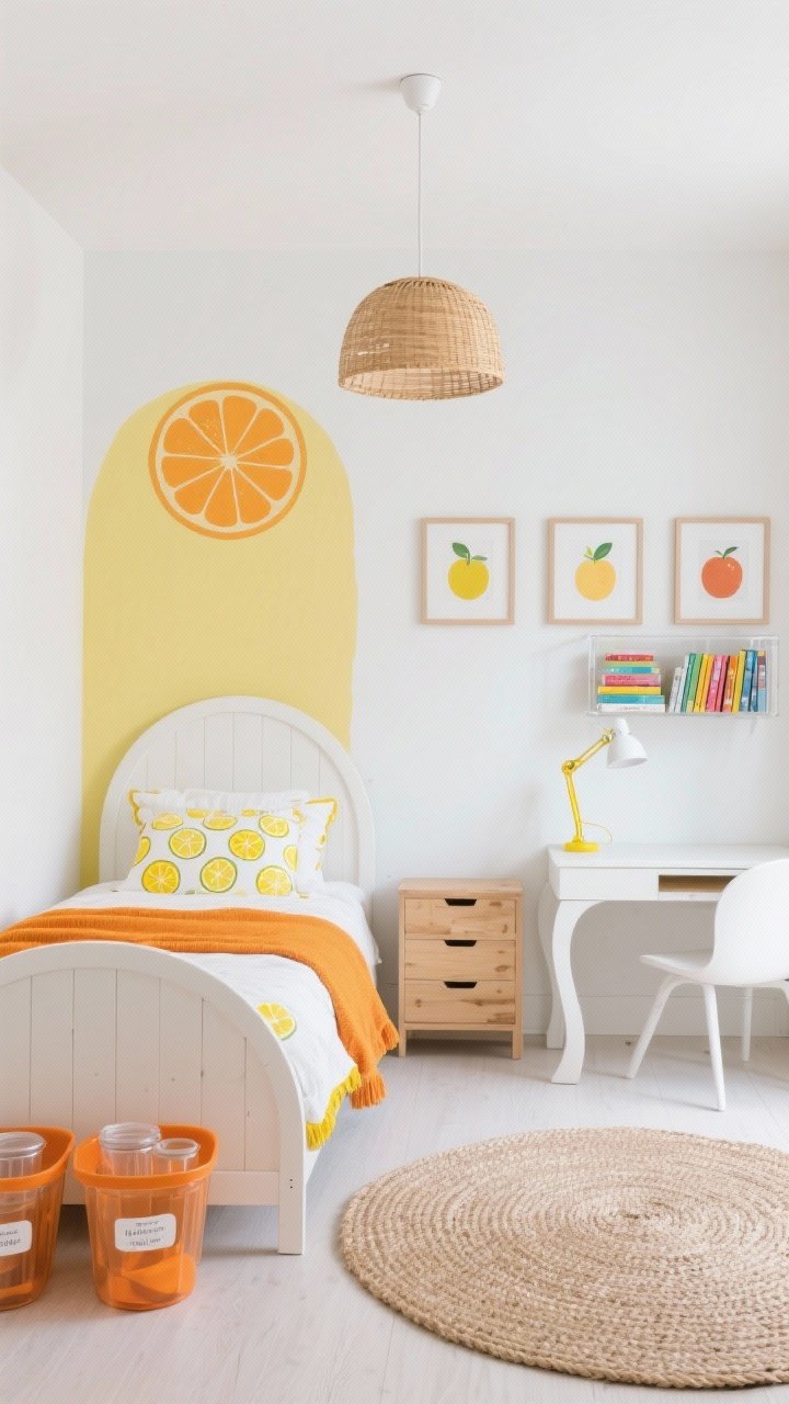 Wide straight-on room shot: a bright kids’ bedroom with matte crisp white walls and a wide half-wall color block in soft lemon, featuring a playful tangerine painted arch above a white wood bed with a rounded headboard. White bedding layered with a citrus-print duvet, a tangerine throw, and lemon-piped pillows. Natural pine dresser on one side and a petite white desk with curved edges on the other. Over the desk, three framed fruit illustrations in simple frames; acrylic wall shelves holding color-organized books. A round braided jute rug on light flooring. Storage bins in tangerine and clear labeled canisters neatly arranged. Rattan pendant ceiling light casting warm natural light; a clip-on white task lamp with a sunny yellow cord at the desk. Clean, bright, optimistic mood, photorealistic.