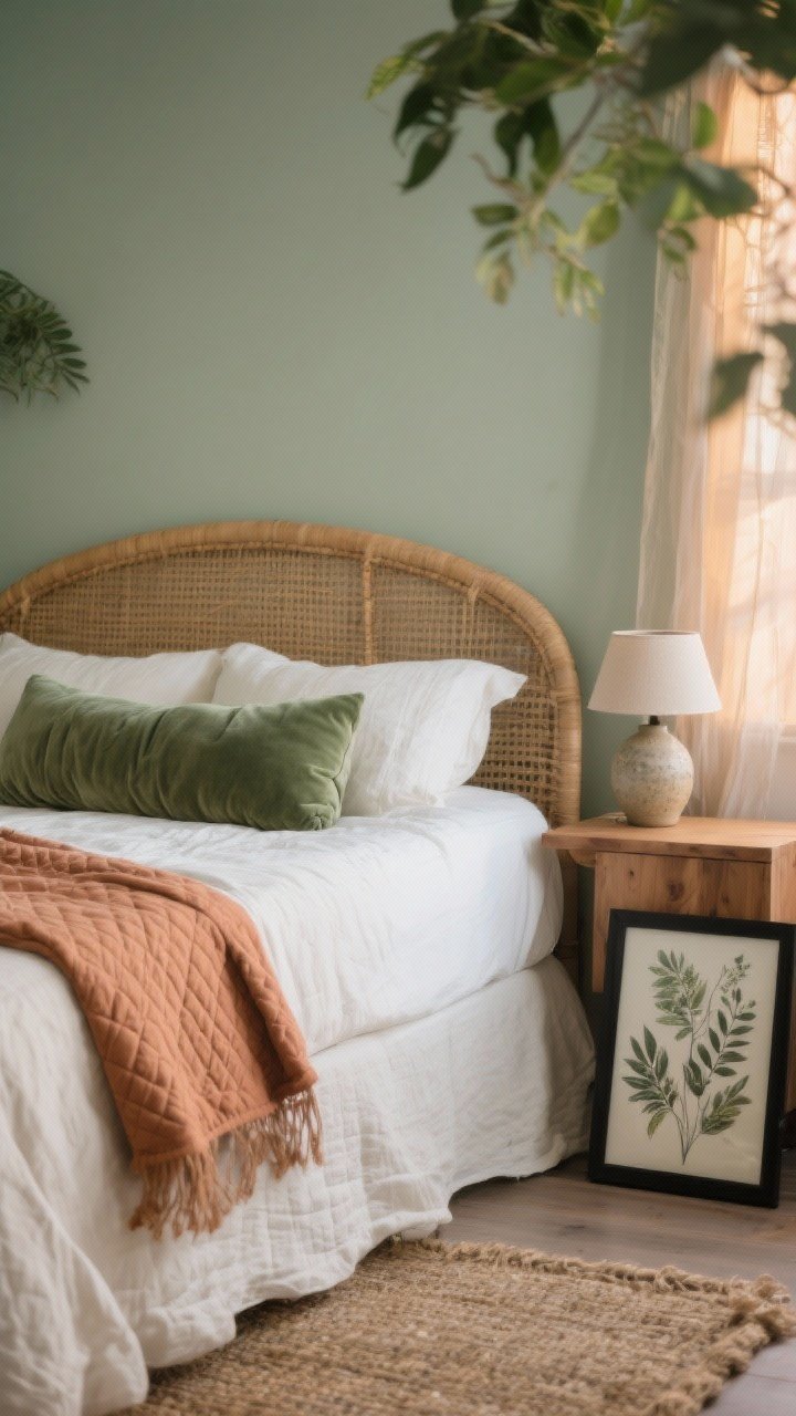 Closeup detail, Botanical Boho Bedroom textiles and materials: A serene vignette of cream linen bedding with a clay-toned quilted coverlet folded at the foot, a sage velvet bolster on top, set against misty sage matte walls. Edge of a natural rattan headboard with gentle curve visible, oak nightstand corner with a ceramic lamp base, and a hint of gauze curtains filtering warm evening light. Include a jute rug texture at the bottom edge and a slim black frame with botanical print slightly out of focus. Soft, airy, greenhouse-retreat mood, photorealistic, no people.