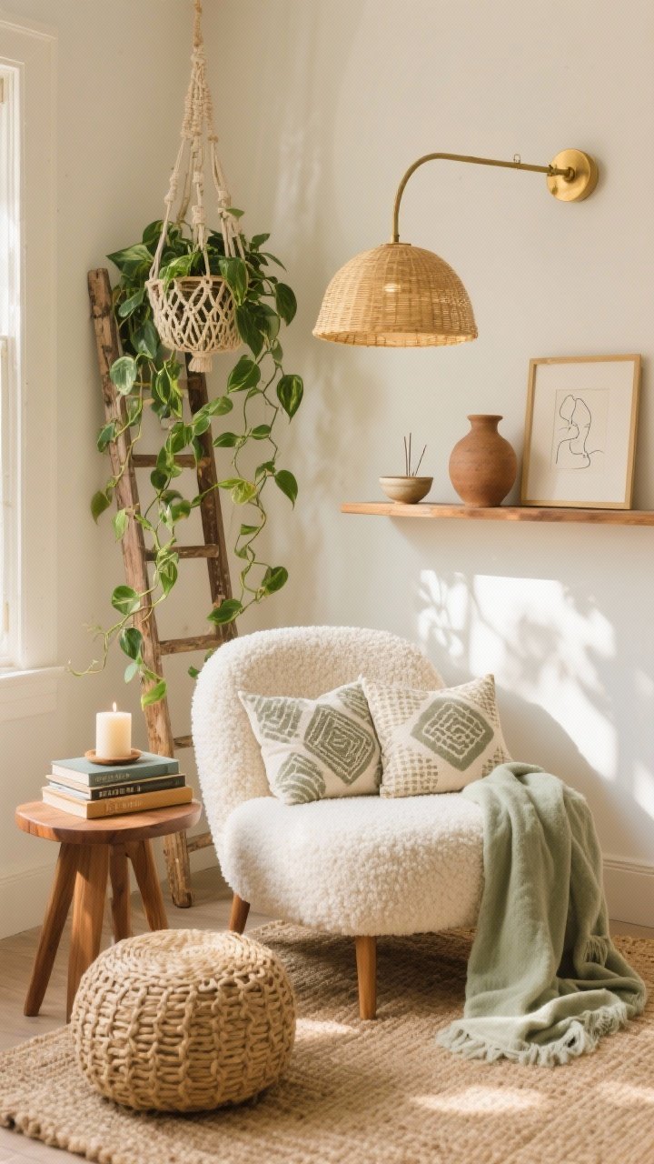 Closeup/medium corner shot, sunlit reading nook with a cascading pothos as the star. Golden natural light washes over a rounded cream bouclé lounge chair on a low natural jute rug. A tiny mango-wood side table holds a candle and a small stack of dog-eared paperbacks. A woven seagrass pouf sits nearby as a footrest. The trailing pothos overflows from a macramé hanging plant holder, vines draping onto a vintage ladder leaned against a soft cream wall. A floating oak shelf displays a tiny ceramic incense dish, a chunky terra-cotta vase, and a framed minimal line drawing. Lighting includes a rattan dome pendant for warm glow and a brass swing-arm sconce over the chair. Palette: cream, oat, soft sage, muted gold. Textures: bouclé, jute, linen, aged wood, ceramic. Add a cotton throw in soft sage and a couple of block-printed pillows. Photorealistic, quiet, lush mood.