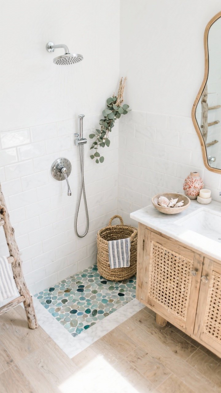 Detail closeup, Coastal Boho Driftwood Calm: overhead or angled shot focusing on sea-glass penny tile shower floor against handmade white subway tile walls, polished nickel rain shower gleaming softly. Nearby elements peek in: pale bleached oak-look porcelain flooring, weathered wood vanity with cane-front doors and thick white quartz top, asymmetrical organic mirror with slim wood frame. Styling accents: woven seagrass hamper, striped linen hand towels, driftwood ladder, ceramic bowl of seashells, coral-toned pottery, eucalyptus bundle on shower head, salt rock candle. Bright, airy, sunlit coastal palette of white, sand, pale oat, sea-glass blue, nickel; photorealistic texture emphasis.