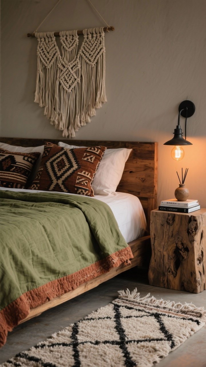 Detail closeup, Earthy Artisan Sanctuary textures: a tight shot of olive linen sheets and a rust quilt edge on an acacia wood bed, with mudcloth pillows showing bold, handcrafted patterns. In frame: the lower portion of an ecru macramé wall hanging draping above the headboard, and the corner of a rough-hewn nightstand with visible knots. A blackened metal sconce with a warm Edison bulb casting amber light across a hand-loomed wool rug in a quiet diamond pattern beneath. Color story of olive, clay, charcoal, and ecru. Include a small stack of design books and a ceramic oil diffuser on the nightstand. Photorealistic, intimate evening glow emphasizing tactile textures.