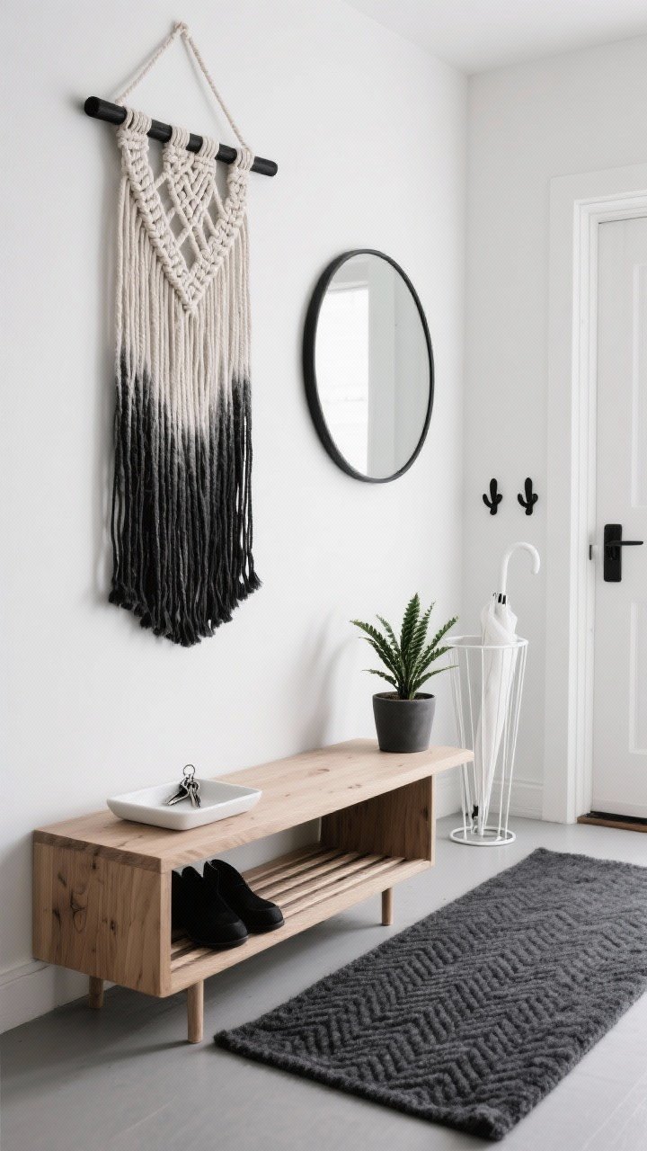 Detail/entryway vignette, Scandinavian minimal: black-and-white dip-dye macrame with long vertical cords and a clean chevron knot pattern near the top, mounted on a slim black-stained dowel; beneath it a light oak shoe bench with slatted shelf; nearby matte black wall hooks and a white powder-coated metal umbrella stand; charcoal runner rug with subtle herringbone weave; small potted ZZ plant on a narrow console; white ceramic tray for keys; slender frameless round mirror above the console; palette of white, light oak, matte black, and soft gray; crisp, tidy look; photorealistic, straight-on detail/medium crop focusing on textures of cotton rope, oak grain, smooth painted walls, and felted wool.