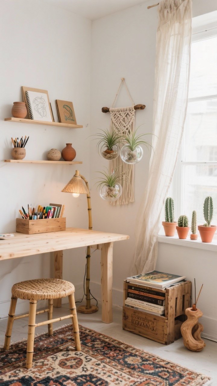 Detail/medium studio corner shot focused on plant-forward artistry. A light pine work table with a simple stool with a woven seat sits by a window with diffused light through a lightweight gauze curtain. Floating shelves above hold art supplies, sketchbooks, and a few pottery pieces. Air plants hang in glass orbs and small driftwood mounts at varying heights; mini cacti cluster in tiny terra-cotta pots along the window ledge, showcasing varied shapes and heights. On the floor, a patterned Turkish rug adds warmth; a bamboo floor lamp provides warm task lighting. A low wood crate holds paints; a stack of vintage art books sits beside a sculptural incense holder. On the wall, a macramé piece with a couple of air plants tucked into the knots creates living art. Palette: sand, clay, sage, hints of paprika. Materials: pine, rattan, terra-cotta, glass, raw canvas. Photorealistic, airy, creative boho vibe.