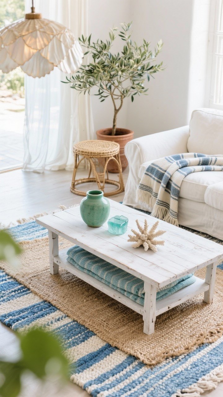 Detail overhead shot: Coastal Boho Breeze coffee table vignette on layered rugs. Base jute rug with a thinner blue-and-ivory flatweave stacked on top; whitewashed wood coffee table styled with sea-glass green and soft blue accents—simple ceramics, a faux coral fragment, and a striped Turkish throw draped across the corner. Edge of a slouchy slipcovered linen sofa in white peeking in; woven rattan side table nearby. Soft natural daylight, gauzy linen curtain puddling slightly in background blur. Subtle coastal greenery hint from an olive tree in a clay pot at frame edge. Lighting includes suggestion of capiz shell pendant bokeh. Fresh, breezy, photorealistic, no people.