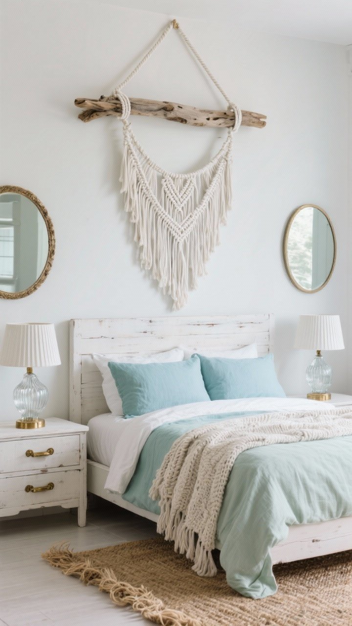 Medium bedroom scene with coastal calm: waterfall fringe macrame in cool white cord tied to a piece of found driftwood, soft V-shaped taper, hanging above a whitewashed wood headboard; bedding layered in sea glass blue and pale sage with a lightweight linen duvet and a knitted throw; antiqued brass accents on drawer pulls, mirror frame, and lamp base; fluted glass bedside lamps casting rippled light on the walls; rope-framed round mirror reflecting light; seagrass rug on the floor; textures of linen, cotton rope, weathered wood, seagrass, and glass; tranquil, breezy mood; photorealistic, straight-on medium shot.