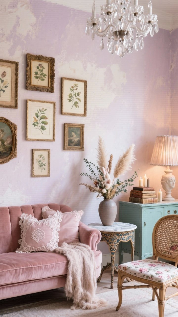 Medium closeup, straight-on vignette: Vintage Boho Romance wall and seating moment. Blush-tinted cream/pale mauve limewash wall with a clustered arrangement of antique frames—botanical prints and tiny oil paintings. Below, a curvy velvet sofa in dusty rose with lace-edged pillows, embroidered cushions, and a whisper-soft mohair throw. At the side, an ornate inlaid side table and a marble-topped bistro table as petite coffee perch; a caned accent chair with floral seat cushion partially in frame. Low painted cabinet in sage/dusty blue holding stacked books, candles, and a small ceramic bust. Dried florals—pampas, bunny tails, eucalyptus—in a matte ceramic vase. Lighting: crystal chandelier sparkle reflected, plus a pleated silk lampshade glow. Soft, romantic, layered, photorealistic, no people.