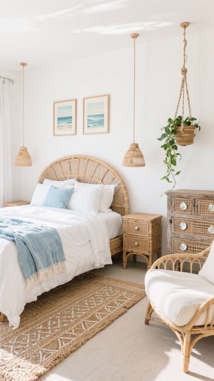 Medium shot, corner angle of a Coastal Rattan Retreat: a curved rattan canopy bed dressed with crisp white percale sheets, a gauzy chambray coverlet, and an ocean-toned throw. Palette of white, sand, pale blue, and driftwood tones. Flanking the bed are hanging rattan pendant lights freeing the nightstands. To the side, a weathered oak dresser with woven cane drawer fronts and capiz shell knobs subtly shimmering. On the wall above, framed vintage seascapes; minimal styling. Underfoot, a hand-braided jute rug layered with a soft Moroccan-style lattice runner. Include a low papasan chair with a thick ivory cushion and a trailing pothos in a hanging rope planter. Photorealistic, bright coastal daylight with soft shadows.