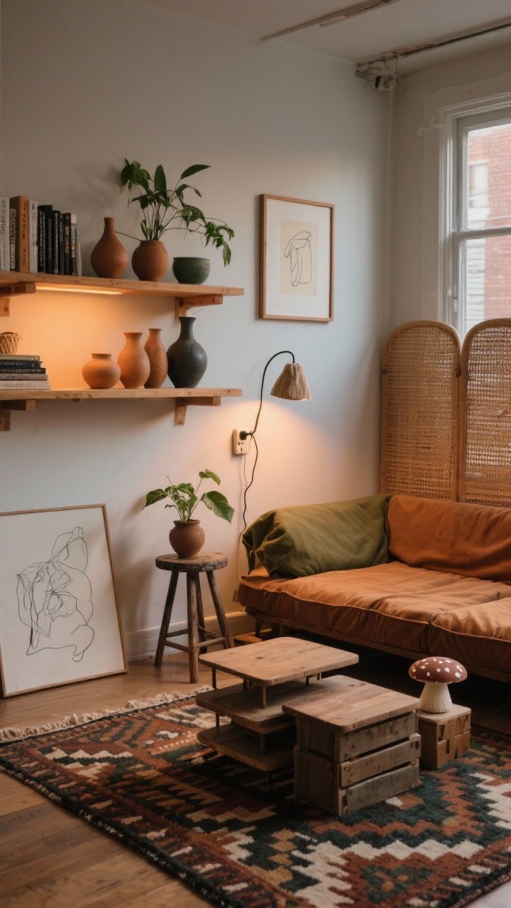 Medium shot, Earthy Artist’s Studio-Lounge from a side angle: A multipurpose space with a low futon/daybed in a warm caramel or olive slipcover; simple pine shelving unit holding plants, books, and functional ceramics; palette of ochre, moss, charcoal, and clay; a kilim-style rug with geometric pattern energizing the floor; stackable nesting tables serving as a coffee table; leaning canvases and framed line drawings in raw wood frames against the wall; a vintage stool used as a plant stand; clustered clay vases in organic shapes (grouped in threes) on a shelf; layered warm lighting with a plug-in wall sconce with fabric cord near the daybed and a small mushroom table lamp on a crate side table; a woven room divider tucked in a corner; photorealistic, cozy and lived-in, warm evening light, no people.