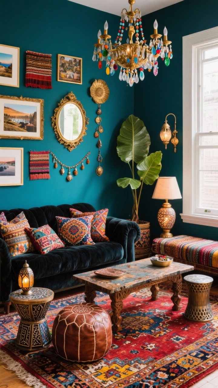 Medium shot from a corner angle: Global Maximalist Mix living room anchored by a deep teal/midnight blue accent wall. Foreground: vintage Persian rug bursting with reds, indigos, and saffron. Charcoal velvet sofa piled with patterned pillows—ikat, suzani, and mudcloth in saturated hues. Carved wood coffee table with visible patina; flanked by inlaid side tables and a hammered metal drum table. Moroccan leather pouf nearby; handwoven kilim bench under the window. Walls feature a gallery mix: framed travel photos, textile fragments in frames, a brass mirror, and a string of small talismans/near Eastern charms. One sculptural fiddle leaf fig adds height. Lighting layered: antique brass chandelier above, colorful beaded table lamp, lantern-style sconces. Rich, playful, curated mood, photorealistic, no people.