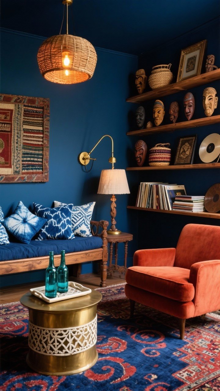 Medium shot, Global Collector’s Den reading nook: Inky indigo walls (eggshell sheen) behind a teak daybed piled with indigo shibori and ikat pillows, flanked by a paprika velvet armchair. A Persian-style rug swirls deep blues with spiced reds beneath. Include a low brass drum table with a bone inlay tray and teal glass bottles, warm wood shelving filled with carved masks, woven baskets, framed textile art, and stacks of records. Layered lighting: a brass swing-arm sconce above the chair and a glowing table lamp with a linen shade; rattan pendant with warm Edison bulbs visible in background. Straight-on view, moody, curated vibe, photorealistic, no people.