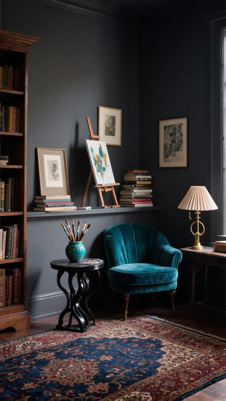 Medium shot, moody artist’s nook: A photorealistic charcoal-painted corner with a deep teal velvet settee, a black metal sculptural side table holding a ceramic vessel of paintbrushes, and a vintage brass pharmacy reading lamp. On the wall and ledge, casually leaning framed prints and an easel for an in-progress piece, plus stacks of art books. The floor features a Persian-inspired rug in inky blue, garnet, and tobacco with dense historical pattern. Add a walnut bookcase partially visible and a small table lamp with a pleated linen shade for ambience. Low, dramatic lighting emphasizing jewel tones and texture.