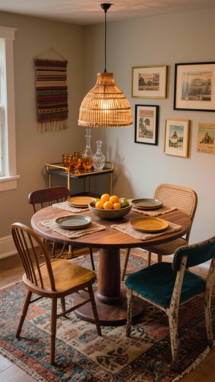 Medium shot, Vintage Nomad Dining Nook from a corner angle: A round pedestal dining table (rubberwood/acacia) surrounded by mismatched dining chairs—one bentwood, one spindle-back, one woven-seat, and one thrifted; palette of walnut, espresso, ochre, and deep teal; a flat distressed, hand-knotted-look vintage-pattern rug under the set; overhead a woven pendant light/bamboo lantern casting warm glow; tabletop styled with stoneware plates in mixed earthy glazes, a low ceramic bowl filled with citrus, and textured linen placemats in warm neutrals; on the wall, a casual gallery of framed textiles and vintage postcards in thin black or brass frames; a compact bar cart in the corner with amber glassware and cut-glass decanters; photorealistic, evening warm lighting, no people.