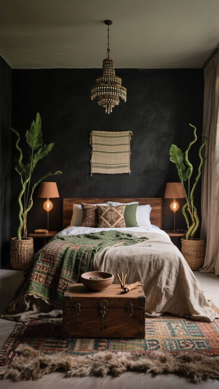 Medium, straight-on bedroom view with moody ambiance and soft, shadowy lighting. Charcoal accent wall behind a low-profile walnut wood bed dressed in stonewashed linen layers in moss and sand, topped with a textured kantha quilt at the foot. Two tall snake plants in woven basket planters flank the bed like natural obelisks. Lighting: clay bedside lamps with warm bulbs casting glow; a beaded chandelier above for subtle shadows. Underfoot, a shaggy Moroccan-style rug; pillows in mudcloth patterns. A wooden trunk sits at the foot of the bed; linen curtains puddle slightly on the floor. On the nightstand, a low ceramic bowl for jewelry and a small bundle of palo santo; above the headboard, a simple framed textile. Palette: charcoal, moss green, sand, warm wood. Photorealistic, serene, dramatic retreat.