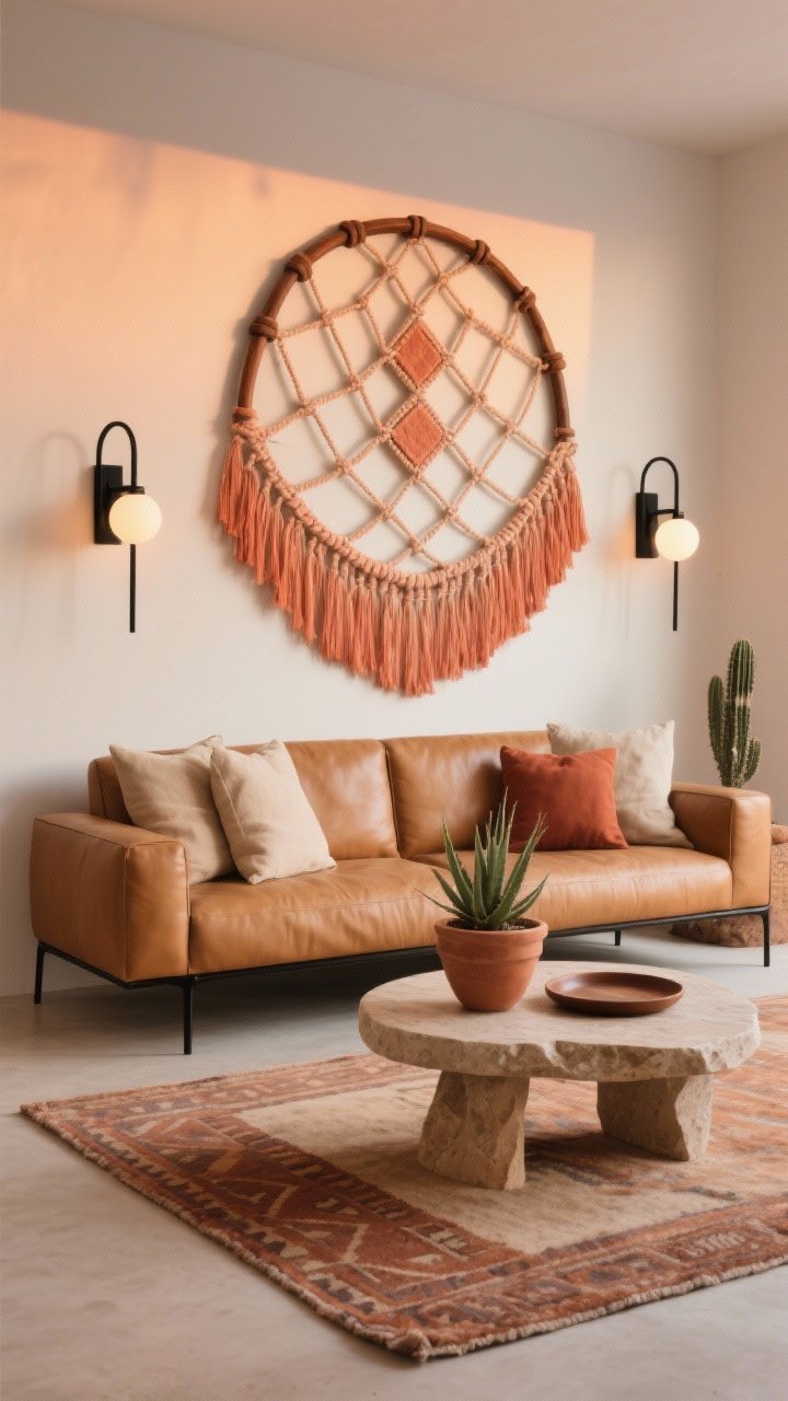 Medium-wide modern desert living room: geometric arc macrame made with square knots on a walnut dowel, lower fringe dyed in a gradient from soft clay to terracotta, centered above a sleek camel leather sofa with slim black metal legs; sculptural stone coffee table with a circular tray; round planter echoing the arc motif; matte black wall sconces with soft globe bulbs flanking the macrame; linen pillows in oat and rust on the sofa; low-pile kilim rug in muted terra tones; chunky terra-cotta planter with an aloe or small cactus on a pedestal; palette of clay, terracotta, oat, walnut, and matte black; warm, clean sunset ambiance; photorealistic, corner-angle medium shot.
