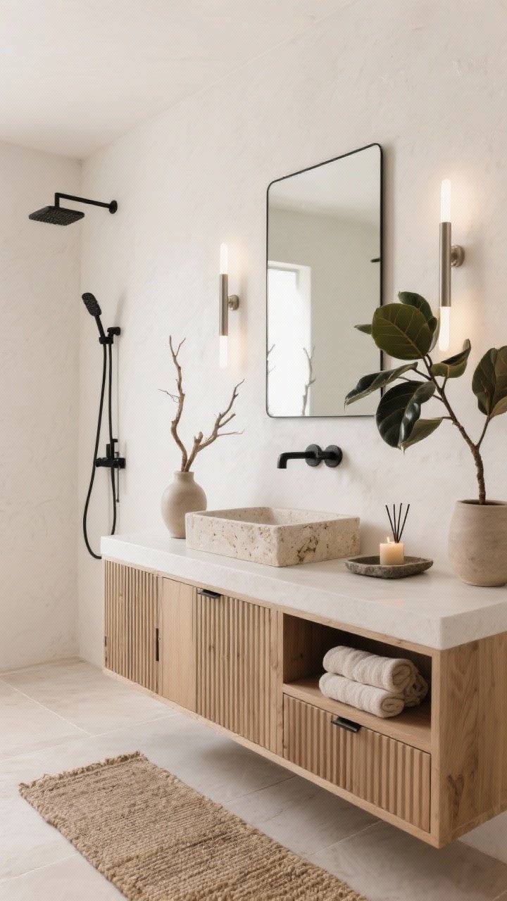 Minimal Boho Zen Spa closeup/medium vignette: warm white microcement walls flowing seamlessly into the shower, fluted oak vanity with finger-pull drawers, rectangular pale travertine stone vessel sink, thin black metal mirror with diffused LED backlighting and simple tube sconces. Large-format light taupe porcelain floor with a low-profile jute rug. Fixtures in brushed nickel or matte black, very streamlined. Styling is restrained: single ceramic branch vase, rolled linen towels on open shelf, stone tray with incense and a small candle, handleless wall cabinets, one statement plant (rubber tree or ZZ) in a neutral pot. Calm, tactile, spa-like mood, soft even lighting, photorealistic.