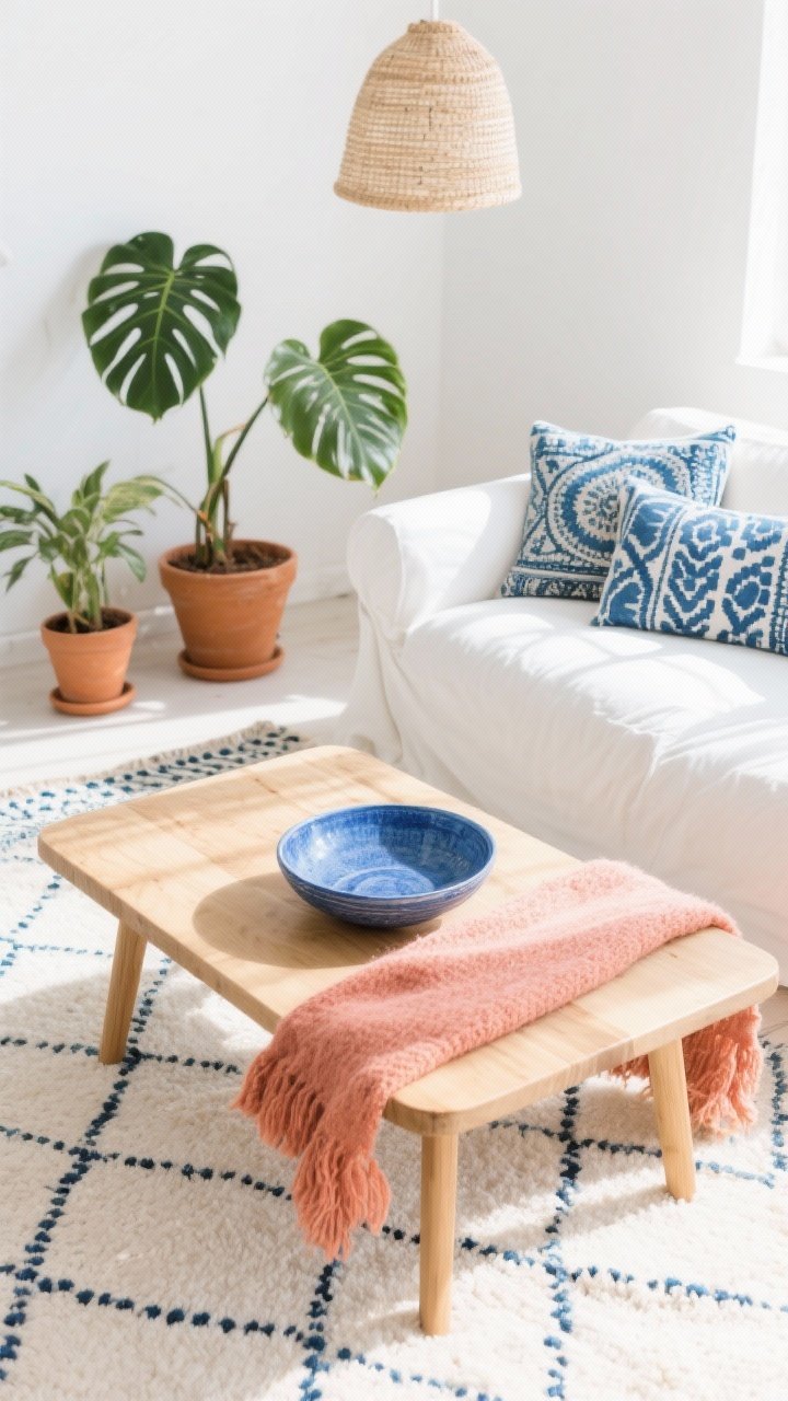 Overhead detail shot, Breezy Boho Studio coffee table and accents: Sun-washed warm white room context implied. Light oak coffee table styled with a cobalt ceramic bowl, coral wool throw draped over the edge of a nearby white linen sofa (partially visible), blue patterned pillows in block prints and batik, and terracotta planters with a hint of monstera leaves entering frame. Include a Moroccan-style rug in off-white with dotted cobalt lines beneath, and a woven pendant’s soft shadowing on the surface. Bright natural daylight, fresh coastal-boho mood, photorealistic, no people.