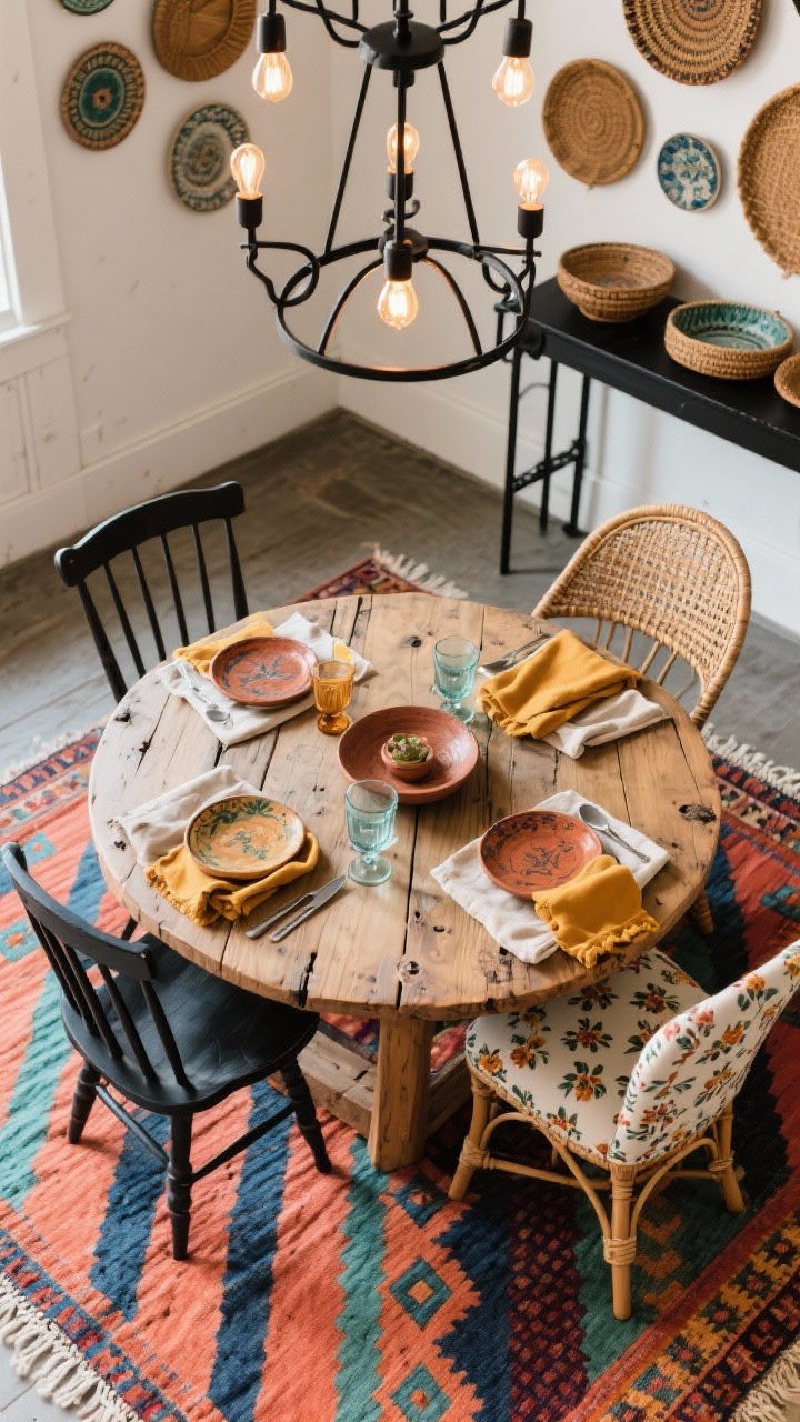 Overhead detail shot, eclectic bohemian dining: A top-down photorealistic view of a hand-loomed kilim rug bursting with coral, saffron, teal, and indigo in crisp geometric stripes and diamonds, partially covered by a round reclaimed wood table with visible knots. Around the table, a mix of chairs: black spindle chair, woven wishbone chair, and an upholstered host chair in a small-scale floral. Table styled with hand-thrown ceramic plates, vintage glassware, and linen napkins in mustard or rust. Edges show a black iron console and hints of a wall gallery of collected plates and woven trays. Warm glow from an overhead black iron chandelier with Edison bulbs.