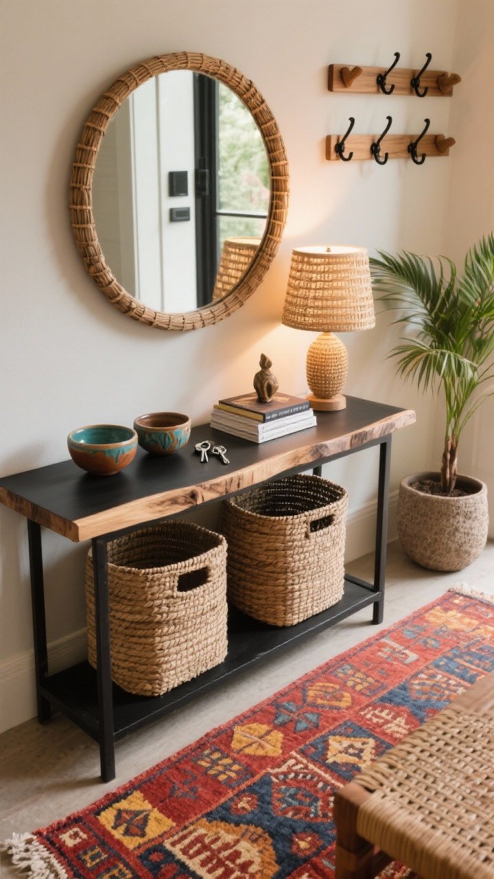 Overhead detail shot, Global-Pattern Entryway With Storage: A black metal console table topped with a raw-edge wood shelf; beneath it, two woven storage baskets neatly tucked; a runner rug with a global-inspired motif in spice red, indigo, saffron, and natural wood tones guiding the view; on the console, painted ceramic trinket bowls for keys, a small table lamp with a woven shade casting a gentle glow, and a stack of coffee table books with a small sculptural object on top; a round rattan mirror visible at the top edge reflecting light; adjacent wall hints of a mixed hook rail with wood pegs and black metal hooks; a narrow bench with a woven seat and a palm or zz plant in a textured planter at the edge of frame; photorealistic, warm ambient light, tidy and welcoming, no people.