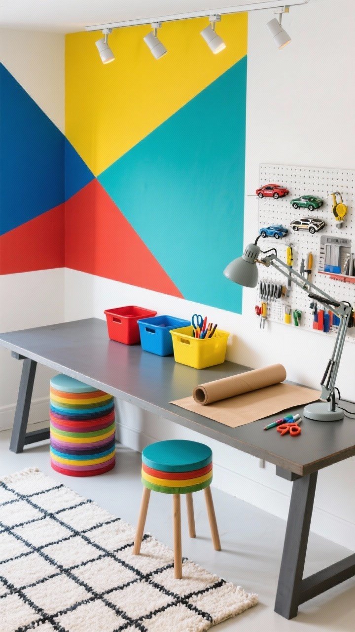 Overhead detail shot, The Color-Block Creative Studio: A wide worktable surface with a durable top framed by a bold color-block mural in sunny yellow, cobalt blue, tomato red, and teal geometric shapes on crisp white walls. On the tabletop: color-coded bins (red for LEGO, blue for art, yellow for science), a roll of kraft paper partially unspooled with markers and scissors, a clamp-on desk lamp arm visible at the edge, stackable stools in rainbow hues tucked below. Alongside the table, a pegboard wall neatly holding tools and craft supplies, and a magnetic strip with metal toy cars. Flatweave rug in a crisp grid underneath. Bright, even task lighting from adjustable track lights; top-down composition emphasizing organization and graphic shapes. Photorealistic.