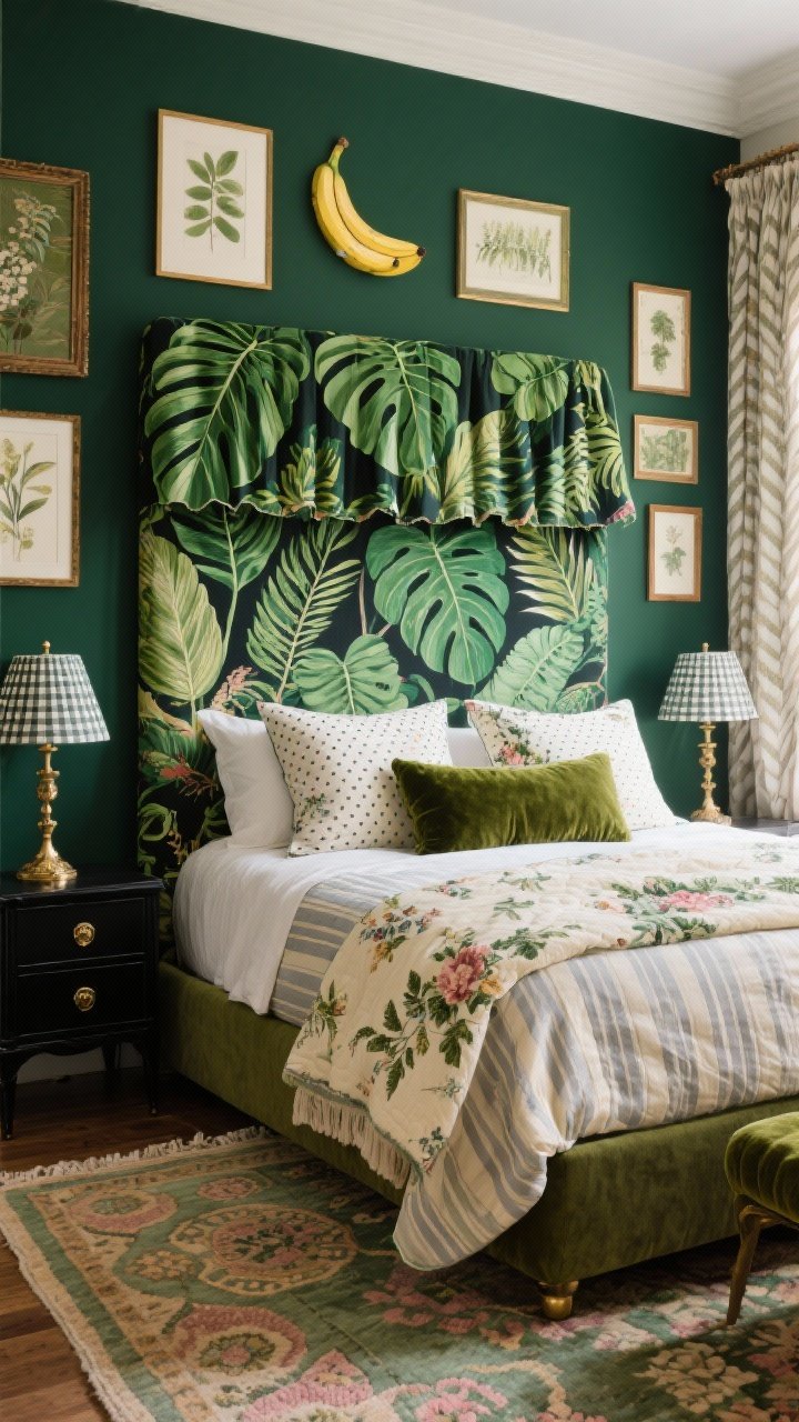Photorealistic medium shot of a Botanical Maximalist Bedroom focusing on the bed wall: deep forest-green accent wall, upholstered headboard in large-scale tropical leaf print (oversized monstera and banana fronds in emerald and sage). Bedding layers include a cream-and-soft gray pinstripe duvet with a floral quilt folded at the foot; pillows arranged as botanical toile euro shams, micro-dot shams, and a moss velvet bolster. Nightstands painted black with antique brass hardware and lamps with tiny-gingham pleated shades. Hand-knotted vintage-style rug with faded medallions in sage, rose, and oatmeal peeking at the foot. Above the headboard, a mix of botanical prints in mismatched frames. Soft, diffused natural light through linen curtains in subtle herringbone layered over a bold leafy Roman shade. Mood: romantic, lush, cocooned.