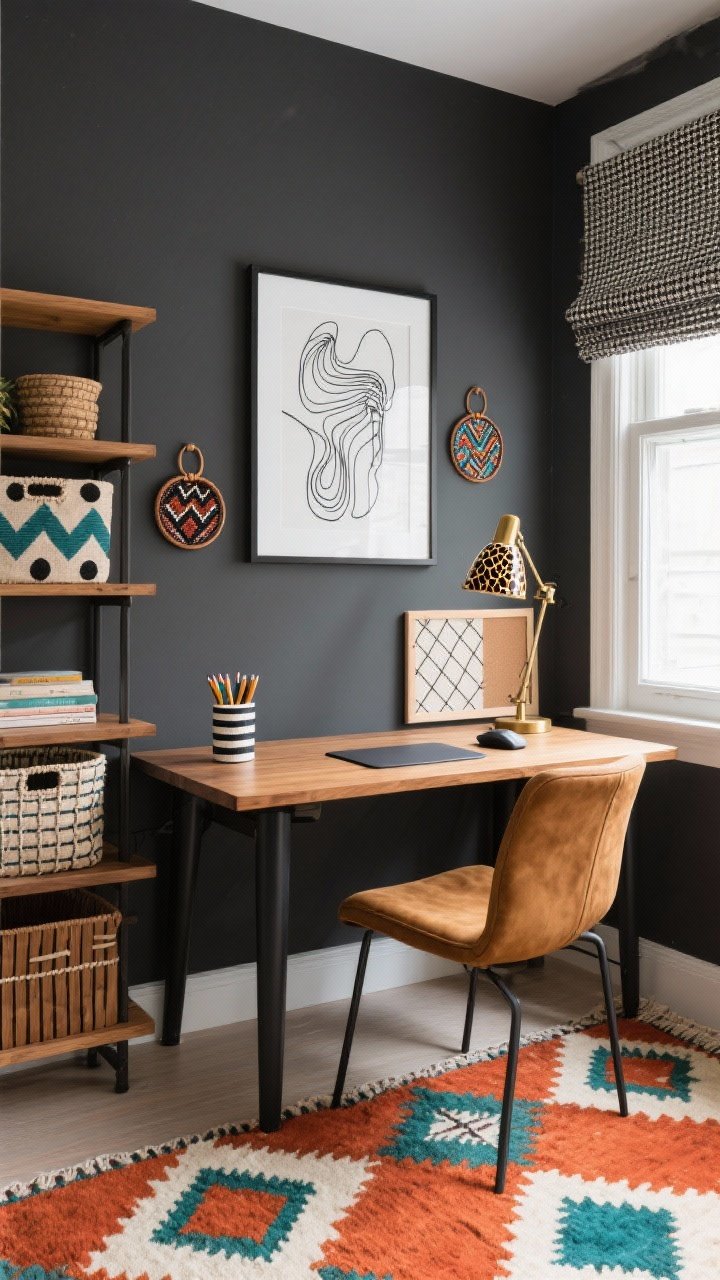 Photorealistic medium shot of an Urban Folk-Modern Home Office captured straight-on: matte charcoal accent wall behind a streamlined oak desk with black metal legs; bold kilim rug underfoot in paprika, teal, and cream with graphic diamonds. Ergonomic camel suede chair at the desk. Slatted wood bookshelf holding patterned storage baskets—mudcloth dots, hand-painted zigzags, stitched grid. Wall art: central black-and-white line drawing flanked by two mini folk embroidery hoops. Window with a micro houndstooth Roman shade. Lighting from an articulated brass sconce and a tortoise-shell desk lamp, warm and focused. On the desk: checkerboard mouse pad, striped pencil cup; pinboard wrapped in linen with a stitched grid. Tight color story: charcoal, oak, teal, paprika, cream.