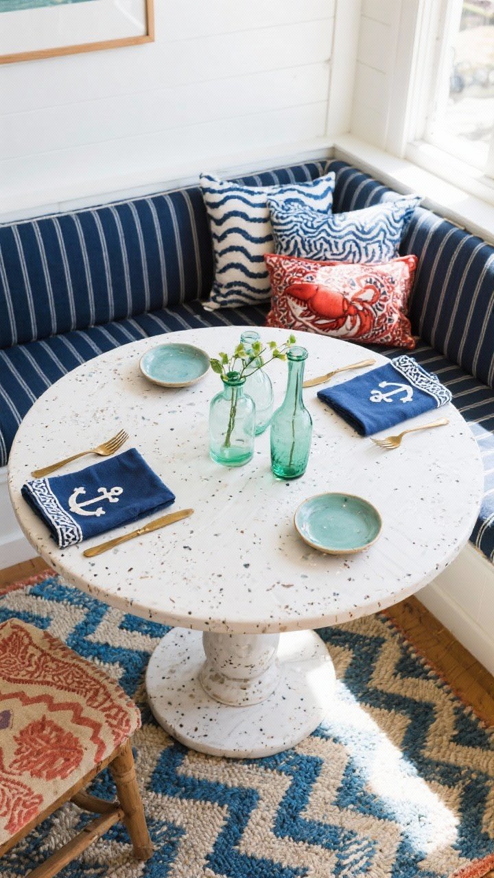 Photorealistic overhead detail shot of a Coastal Nomad Dining Nook tabletop and textiles: round whitewashed pedestal table styled with speckled stoneware, hammered brass flatware, and linen napkins in mismatched blues (tiny anchors, block-print border). Along the edge, glimpse the built-in banquette with narrow navy ticking stripe seat and back pillows mixing block-printed indigos, marine-blue waves, and a single lobster-red paisley accent. Below, a flatweave kilim rug with blue-and-sand chevrons; glass bud vases in sea-green and clear catching light. Color story: navy, sand, sea-glass, kiss of coral red. Bright coastal daylight, crisp and fresh.