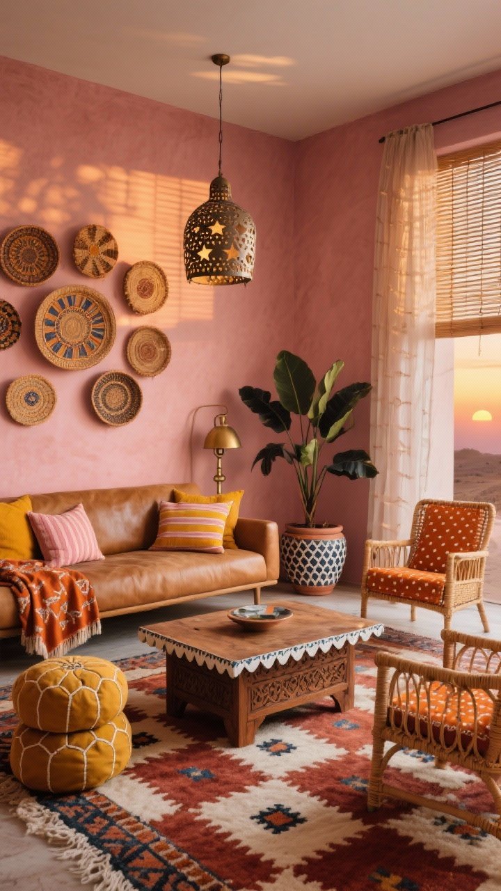 Photorealistic wide shot of a Moroccan Sunset Living Room at golden hour: clay-pink walls, plush Berber-inspired diamond rug in rust, cream, and charcoal; low-profile camel leather sofa with mixed saffron and blush stripey lumbar pillows and tile-patterned cushions echoing Moroccan zellige; terracotta-printed throw draped over the arm. Hand-carved wood coffee table with scalloped edge and bone inlay centered; rattan bucket side chairs with burnt-orange ikat seat cushions; sheer geo-dot curtains layered over bamboo shades. Back wall displays a gallery of woven baskets with varied radial patterns; embroidered poufs in mustard and indigo stacked on the floor. Soft lighting from a pierced metal pendant casting starry shadows and a brass pharmacy lamp; a sculptural rubber plant in a patterned clay pot. Palette: terracotta, saffron, clay pink, inky charcoal. Shot from a corner angle to capture depth and layered textures.