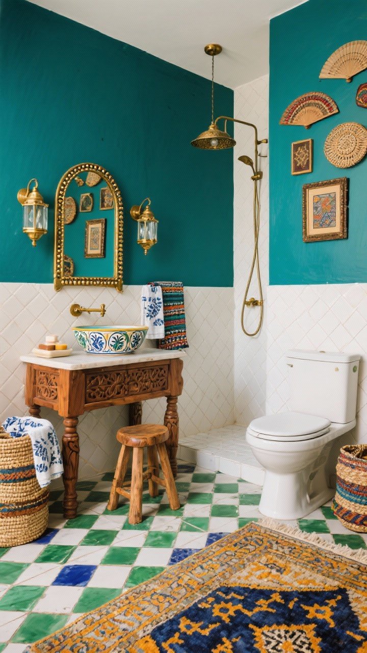 Straight-on medium-wide, Global Eclectic Market Mix: bold Moroccan-inspired encaustic tile floor in emerald, indigo, and cream; deep teal walls (or half-height tile wainscot with white above). Carved mango wood vanity topped with a hand-painted ceramic basin. Brass arch mirror with tiny beaded detailing, brass-and-glass lantern sconces, petite pierced-metal pendant overhead. Shower area in simple white or cream tile laid in herringbone pattern for rest and rhythm. Layered decor: Turkish rug with saffron accents, block-printed hand towels, stacked basketry, gallery of small woven fans and framed textiles above the toilet, low teak stool with artisanal soaps. Warm antique brass fixtures, vibrant, traveled market vibe, photorealistic.