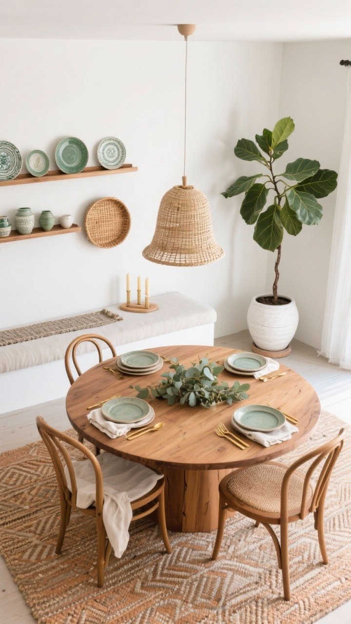 Wide, breezy dining space shot from a slight overhead corner perspective. A round warm oak dining table centered under a woven bell pendant casting a soft coastal glow. Seating mixes wishbone chairs with a wall-side upholstered banquette cushion. A sculptural fiddle-leaf fig in a white ceramic planter on a pedestal sits to the side at eye level, visible while dining. Tabletop styling: stoneware plates, brass flatware, linen napkins in muted eucalyptus. On the wall, a floating plate rack displaying curated ceramics and a single woven tray; beneath, a narrow console with a textured runner and two tapered candles. A flatweave rug with a subtle geometric print grounds the scene. Palette: white, warm oak, eucalyptus green, light terracotta. Photorealistic, bright and airy mood.