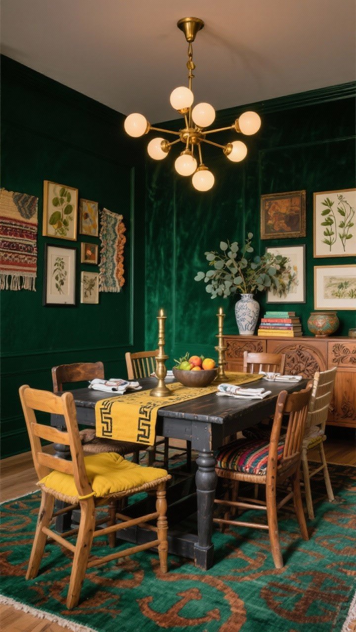 Wide dining room shot, Art-Forward Eclectic Dining: Deep emerald satin walls surrounding a charcoal-stained farmhouse table with mismatched wooden chairs—some painted mustard, others natural wood. Overhead, a clustered brass chandelier with globe bulbs casting soft, warm glow. A salon-style gallery wall mixes vintage art, textile fragments, and framed botanicals. Style a carved sideboard with stacked cookbooks, a eucalyptus-filled vase, and a ceramic fruit bowl. An oversized patterned rug with emerald and rust anchors the space; add a mustard table runner, block-print napkins, kilim seat cushions, and hammered brass candlesticks. Straight-on perspective, evening ambiance, photorealistic, no people.