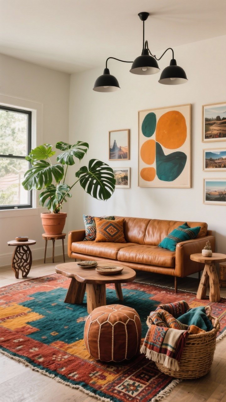 Wide living room shot from a corner angle, eclectic boho space anchored by a low caramel leather sofa on a hand-knotted vintage rug in rust, deep teal, and ochre. A large monstera deliciosa in a terra-cotta planter on a simple stand sits near a window, its split leaves fanning like sculpture. Mismatched wood side tables flank the sofa—one modern, one rustic. A carved wood coffee table with rounded corners holds layered textile pillows and batik throws nearby, with a kilim ottoman in front. A matte black three-arm chandelier overhead modernizes the scene. A floor basket full of throws sits next to the monstera. On the walls, a mix of travel photography and a single oversized abstract print anchor the gallery. Palette: warm neutrals with bold jewel tones (ochre, teal, rust). Photorealistic, artful, lived-in mood.