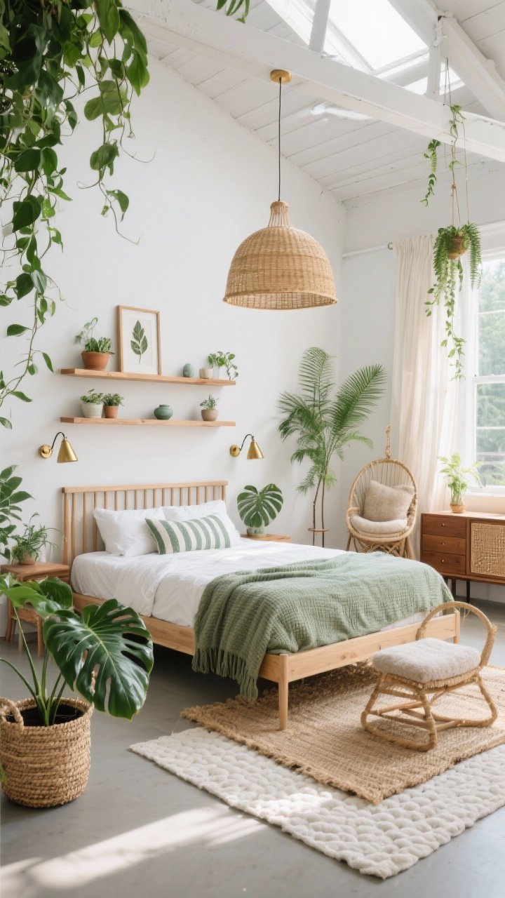 Wide loft view, Botanical Boho Loft: high-ceilinged, sunlit space with a light oak bed featuring a low slatted headboard, dressed in crisp white cotton, a sage waffle blanket, and a striped bolster. Above the bed, floating oak shelves styled with petite planters, small ceramics, and framed pressed leaves. Overhead rattan dome pendant; plug-in brass swing-arm sconces flanking the bed. In the corner, a hanging chair with a thick nubby cushion. Lush plants at varied heights: monstera on the floor in woven seagrass baskets, pothos trailing from ceiling hooks, and ferns on a slim plant stand. Rugs layered: sisal base with a soft cotton tufted rug. Minimal walnut dresser with cane-front doors in background. Color story of white, sage, honey wood, and leafy greens. Photorealistic, bright morning light with gauzy cafe curtains.