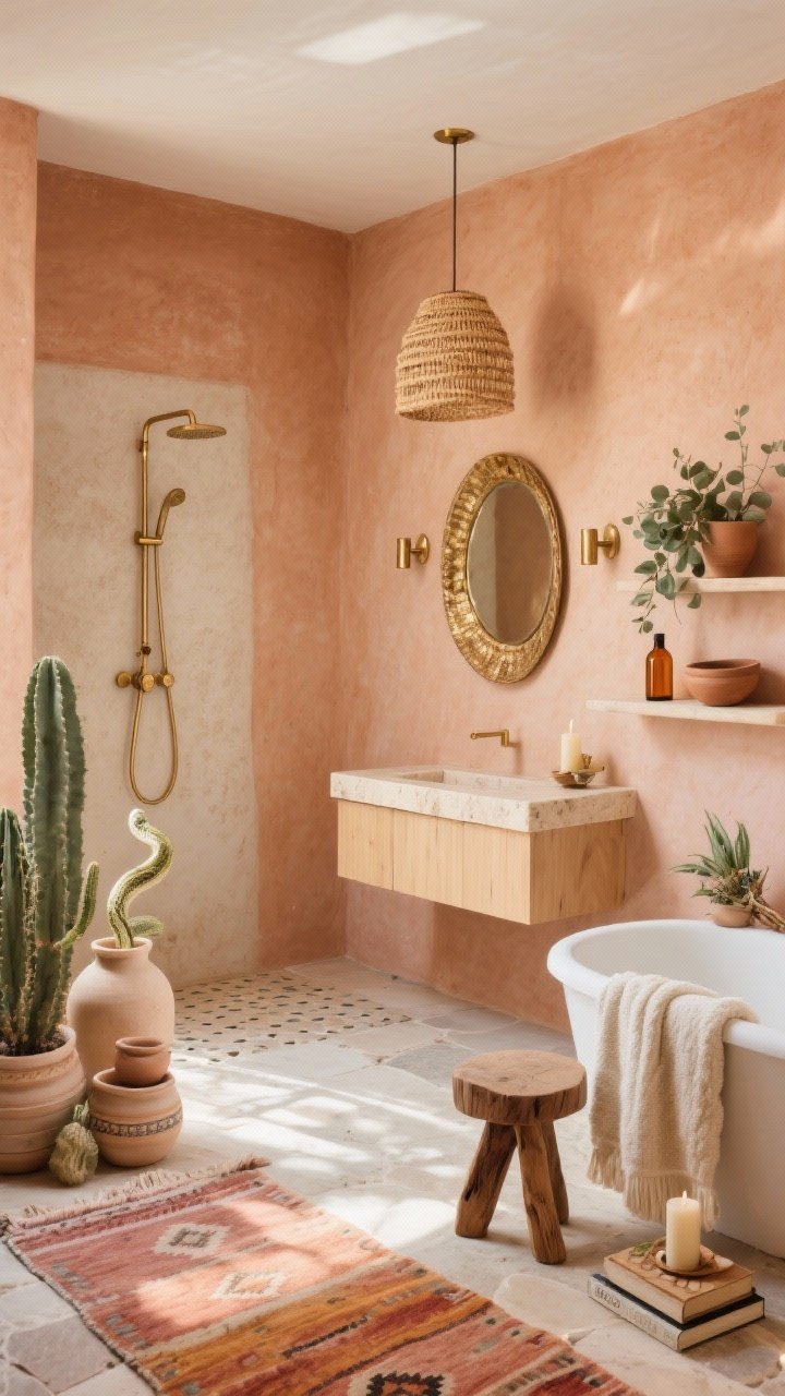 Wide room shot, Desert Nomad Oasis bathroom: matte terracotta or limewash walls, tadelakt-style plaster shower with slim brushed brass shower profile, light wood floating vanity with flat fronts and creamy stone top, round hammered brass mirror, woven raffia pendant overhead plus small brass sconces flanking the mirror. Floor in tumbled limestone or sandy porcelain, vintage kilim runner in faded rust, peach, and ochre tones. Styling: stacked ceramic vessels, cacti and snake plants, chunky hand-loomed cream towels, carved stool by the tub with candle, book, and eucalyptus bundle, floating shelves with amber bottles and clay bowls. Warm, sun-drenched Joshua Tree mood, airy and minimal yet soulful, photorealistic.