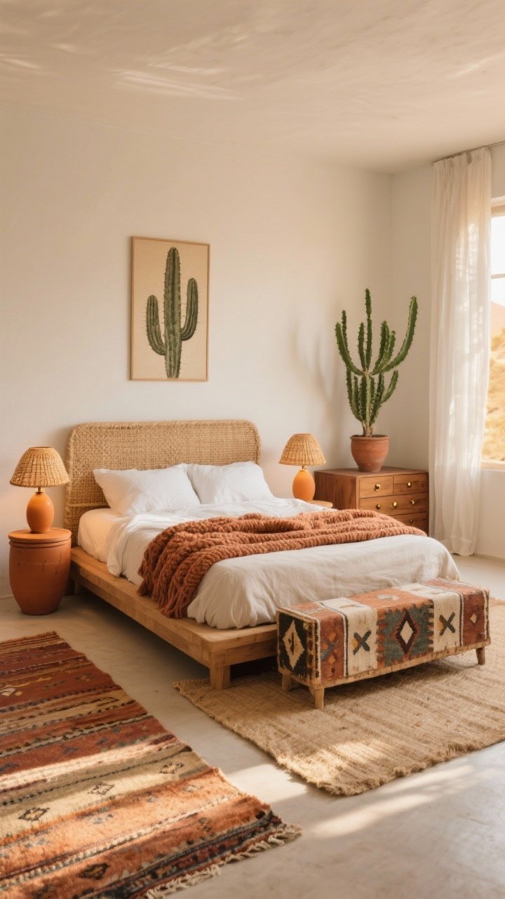Wide room shot, Sun-Drenched Desert Nomad bedroom: a low teak platform bed with a woven jute headboard centered against a pared-back wall, dressed in stonewashed linen duvet in clay with chunky knit throws; palette of sand, terracotta, and creamy white. At the foot, a vintage kilim bench with worn geometric patterns. On both sides, matte ochre ceramic drum tables as nightstands topped with rattan mushroom lamps casting a warm, diffused glow. Wall decor is minimal: one oversized cactus print. Floor shows layered rugs: a flatweave wool rug over a larger jute rug. Subtle brushed brass pulls on a mango wood dresser in the background, a tall euphorbia plant in a clay pot, and sheer white curtains filtering golden afternoon light. Photorealistic, straight-on view, warm desert haze lighting.
