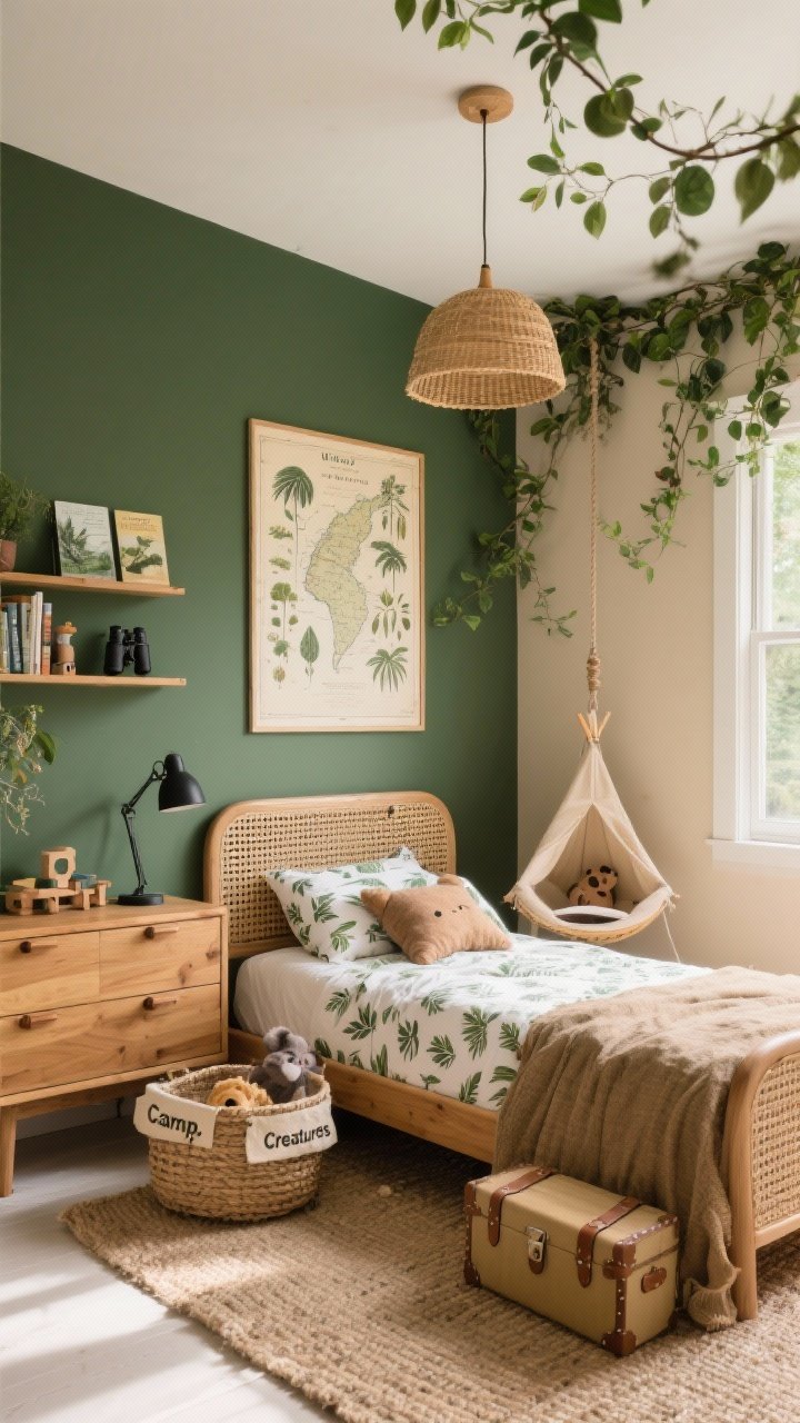 Wide room shot, The Modern Jungle Explorer: A kids’ bedroom with a deep olive or eucalyptus green accent wall and warm sand-toned paint on the other walls, a natural wood Scandinavian-style bed with a woven rattan headboard, subtle small-scale leafy jungle-print bedding with a couple of plush animal pillows, a jute rug underfoot, a large canvas map or vintage botanical print above the bed, a honey oak low dresser, a toy trunk with leather pulls, an open bookshelf styled with nature guides and binoculars, rattan pendant lighting overhead, an adjustable matte-black metal task lamp on the dresser, woven storage baskets labeled “Creatures,” “Camp,” and “Art,” a corner canopy of faux vines draped overhead, a floor-cushion reading pit with a tiny tented canopy, and a hanging swing chair by the window. Natural daylight with soft shadows; corner angle to show bed, storage, and vine canopy. Photorealistic.