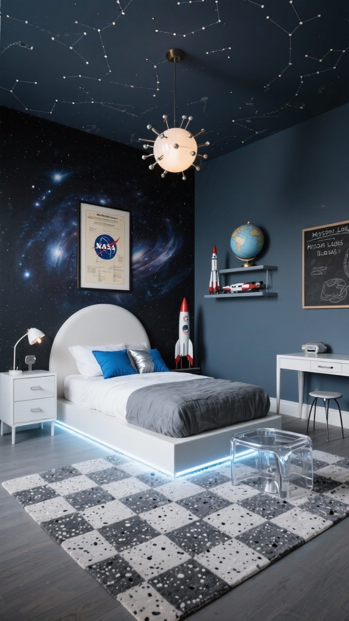 Wide room shot, The Retro Space Lab: A moody kids’ bedroom with soft charcoal or midnight blue walls, a galaxy wallpaper feature behind a white or graphite platform bed with a rounded headboard. Ceiling sprinkled with constellation decals. Flooring anchored by a checkerboard or speckled rug that suggests lunar texture. Bedding is minimal: crisp white sheets, a steel-gray duvet, and a couple of electric blue or silver accent pillows. Over the bed hangs a framed vintage NASA blueprint. Furniture includes a white lacquer dresser, a hairpin-leg desk, and an acrylic/metal side table with a spaceship-like silhouette. Lighting features an orb pendant or sputnik chandelier overhead, LED strip lights glowing under the bed, and a rocket-shaped bedside lamp. A magnetic chalkboard panel labeled for mission logs, a rotating globe, and a display shelf with model rockets complete the scene. Low, cinematic lighting with cool highlights; straight-on perspective capturing the whole setup. Photorealistic.