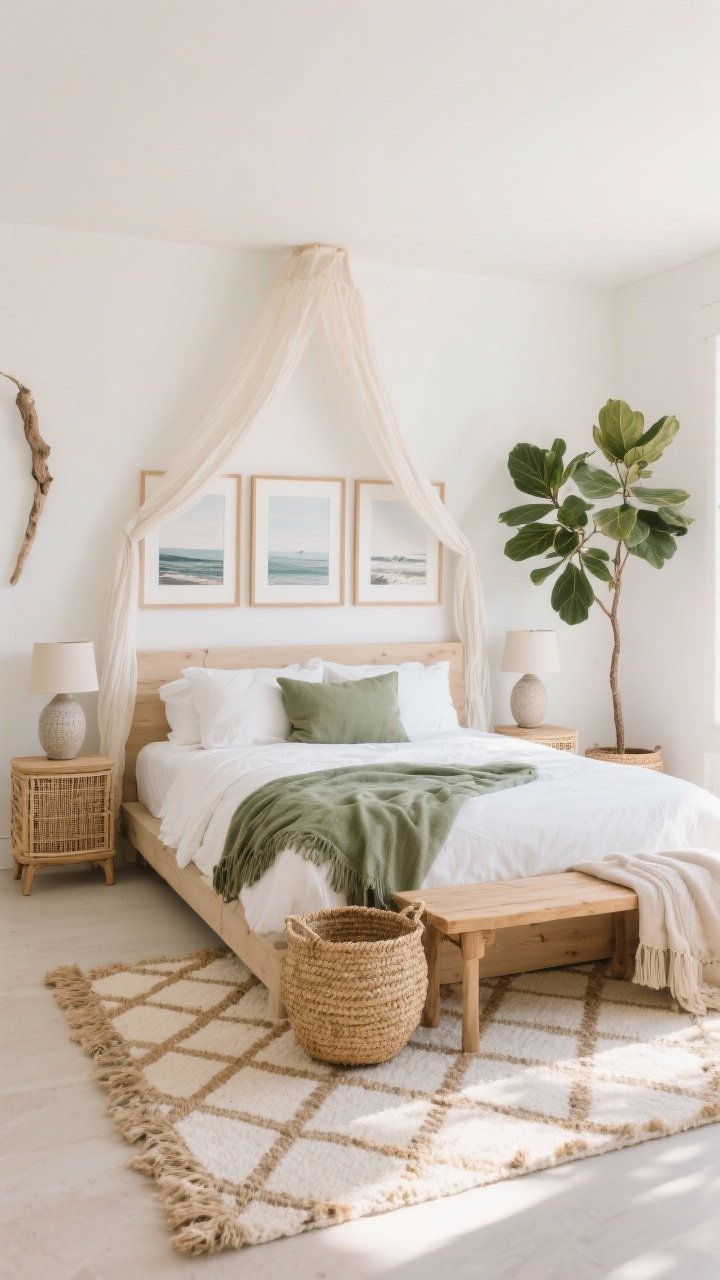 Wide shot, coastal-boho bedroom: A calm, airy bedroom with soft warm white walls, a light wood platform bed dressed in crisp white linen bedding, a gauzy canopy draping lightly. On the floor, a diamond-patterned jute and cream cotton flatweave rug. Cane nightstands with ceramic table lamps, a woven bench at the foot of the bed, a large seagrass basket holding blankets, and a fiddle-leaf fig or olive tree in the corner. Above the headboard, a triptych of simple coastal prints in thin maple frames. Accents in oat, driftwood, and a sage green throw with matching lumbar pillow. Bright natural daylight, straight-on view, breezy and grounded mood.